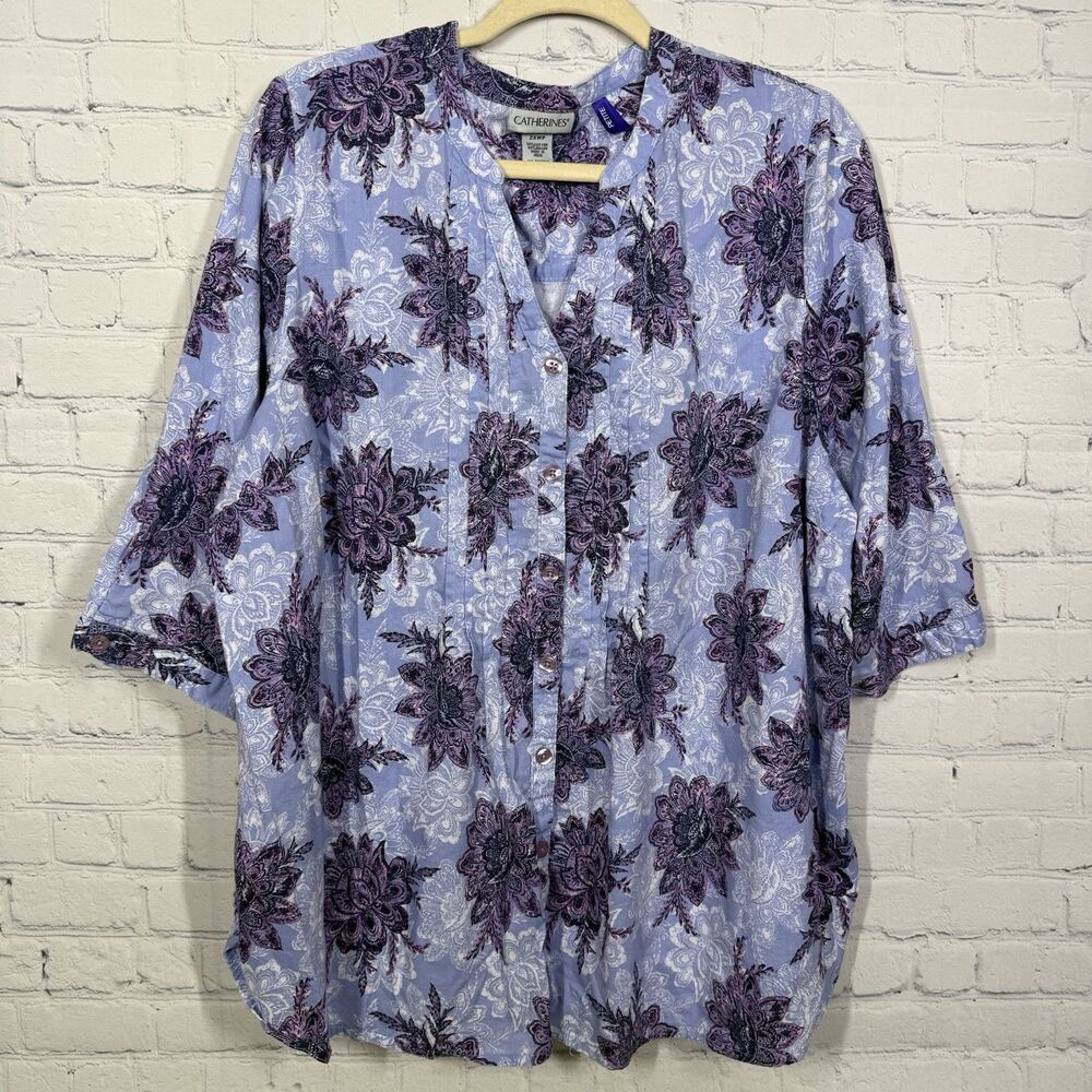 Catherines Blouse Women's 2X Petite Floral Floral 3/4 Sleeve Novelty Cottage Top